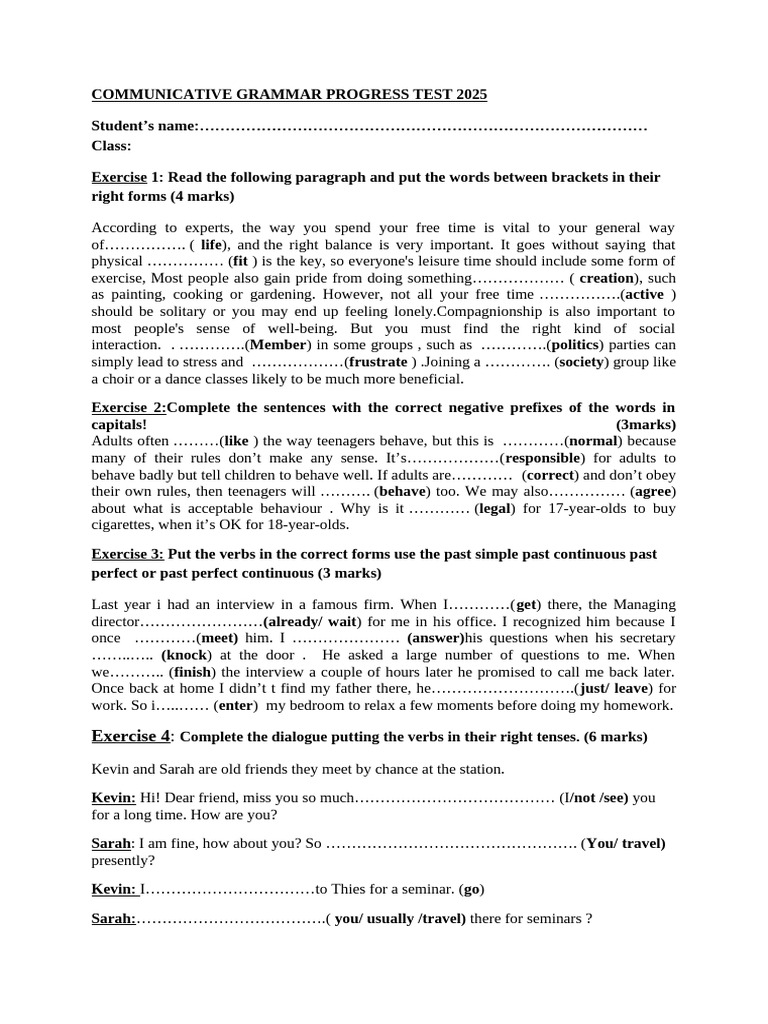 Communicative Grammar Progress Test 2025 | PDF | Language Mechanics ...