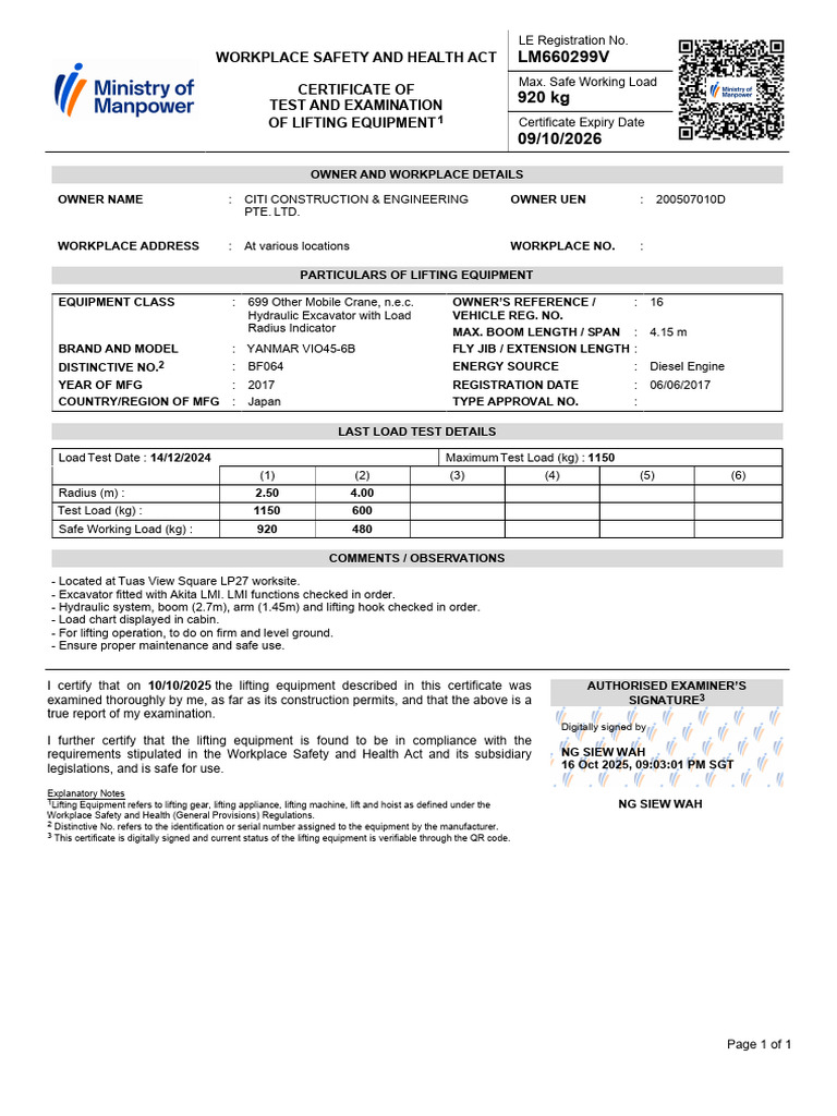 Certificate of Lifting Equipment BF064 | PDF | Crane (Machine)