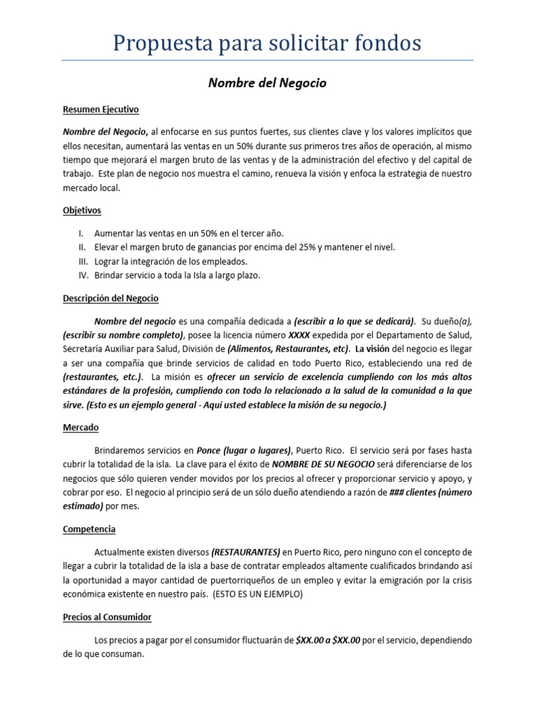 Propuesta de Fondos para Negocio en PR | PDF | Plan de negocios | Economias