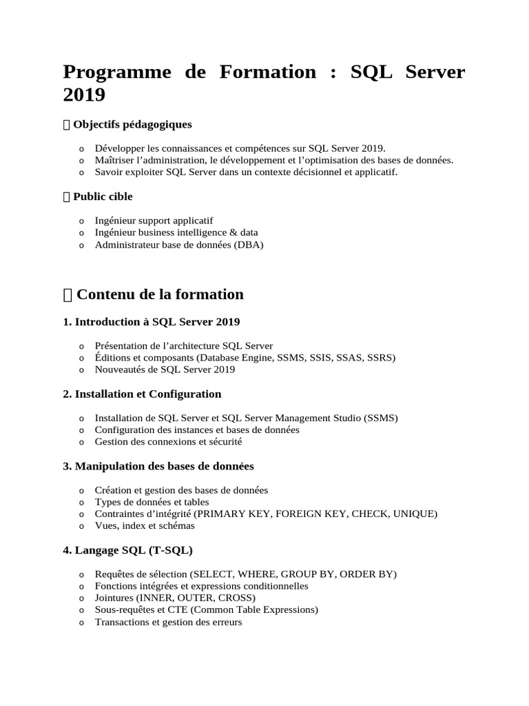 Formation SQL Server 2019 : Compétences clés | PDF