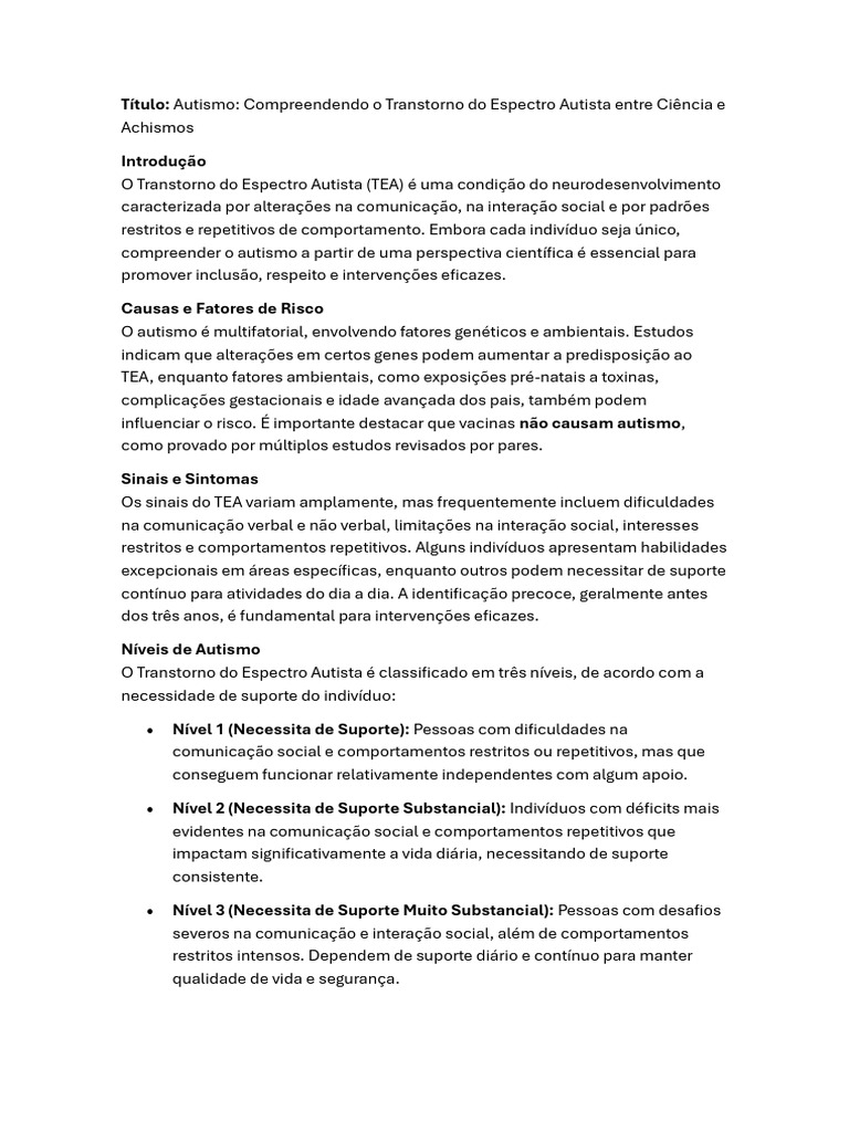 Entendendo o Transtorno do Espectro Autista | PDF | Autismo | Ciências ...