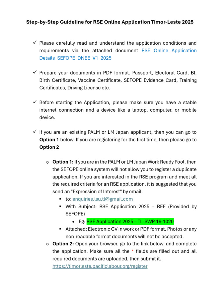 RSE Application Guide for Timor-Leste 2025 | PDF