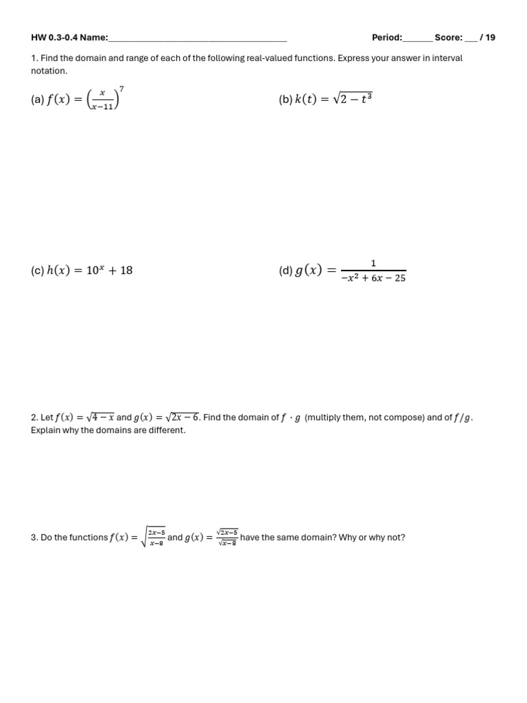 HW 0.3-0.4 - Domain, Range, Increasing, Decreasing, Extrema-1 | PDF ...