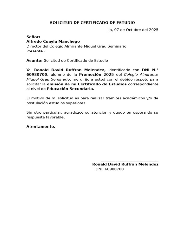 Solicitud de Certificado de Estudios | PDF