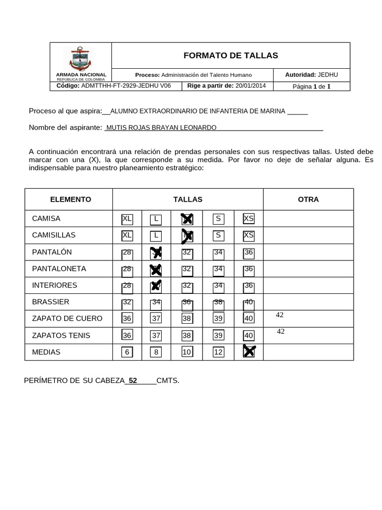 Formato de Tallas para Aspirantes a Infantería | PDF