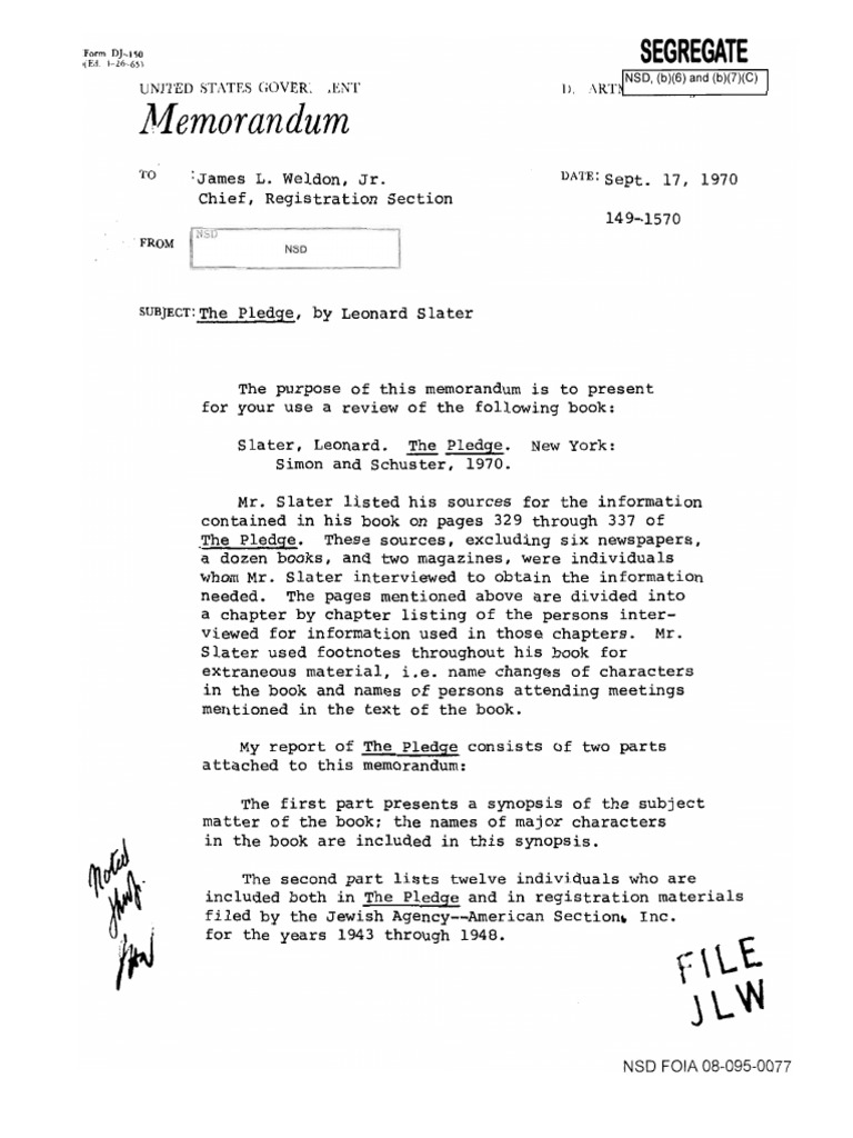 DOJ Memo Leo Slater's The Pledge 1970 | PDF | Mandatory Palestine ...
