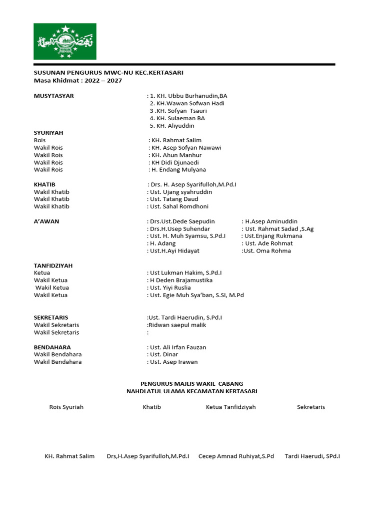 Struktur Pengurus MWC-NU Kertasari 2022-2027 | PDF