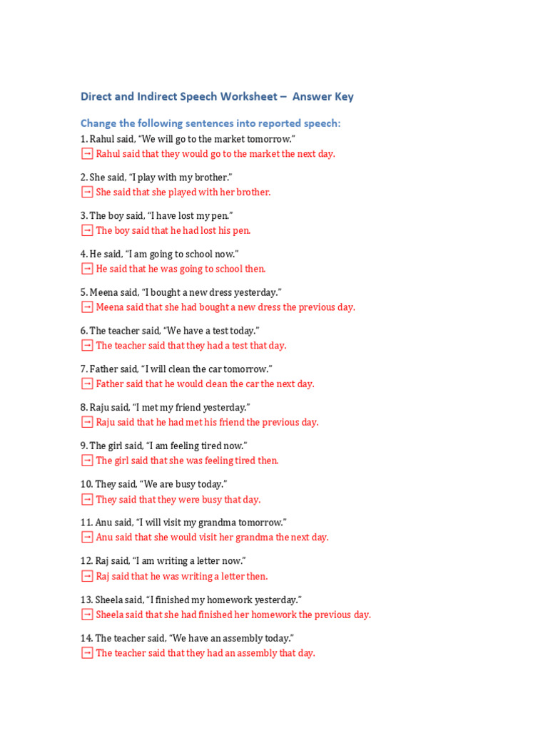 Direct and Indirect Speech Worksheet Key | PDF | Chess Openings | Chess