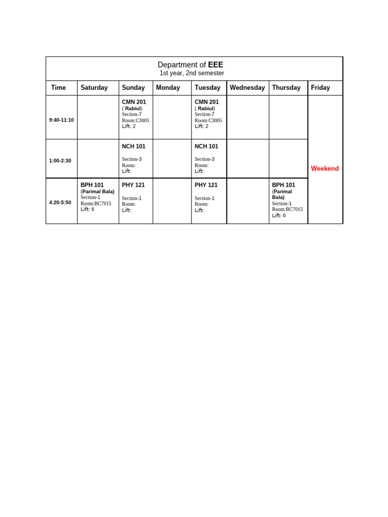 EEE 1st Year 2nd Semester Schedule | PDF