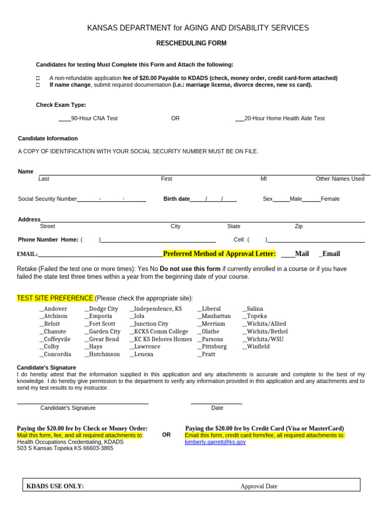 Kansas CNA Test Rescheduling Form | PDF | Credit Card | Visa Inc.