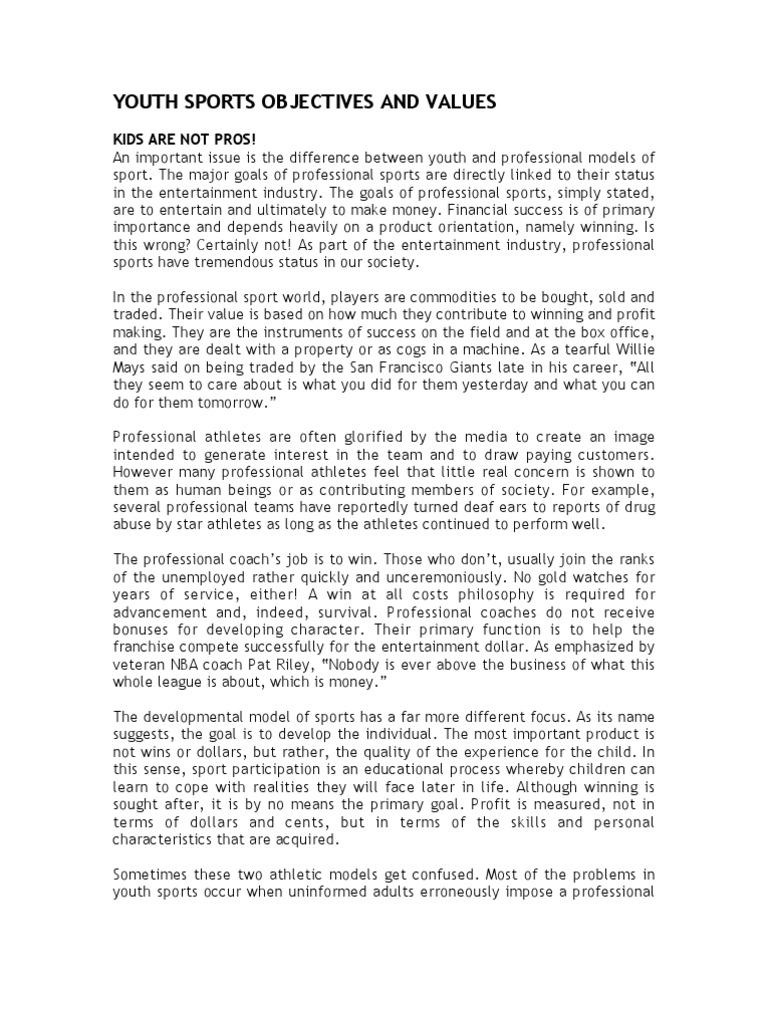 Youth Sports Objectives and Values Kids Are Not Pros! PDF Sports