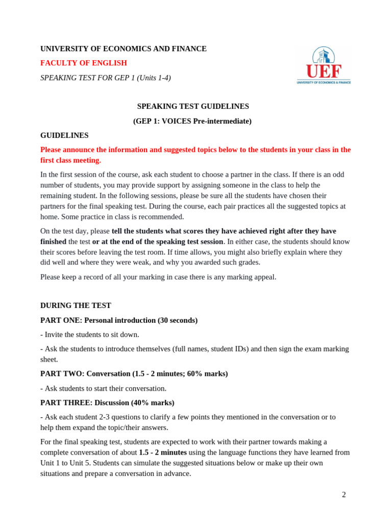 GEP 1 Speaking Test Guidelines | PDF | Eating