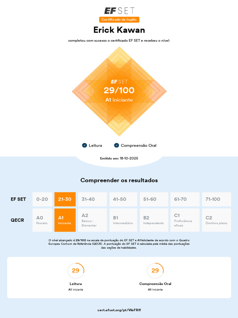 Certificado de Inglês EF SET A1 Iniciante | PDF