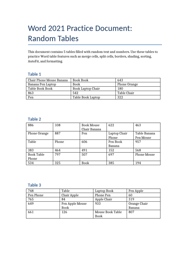 Word 2021 Table Practice Guide | PDF