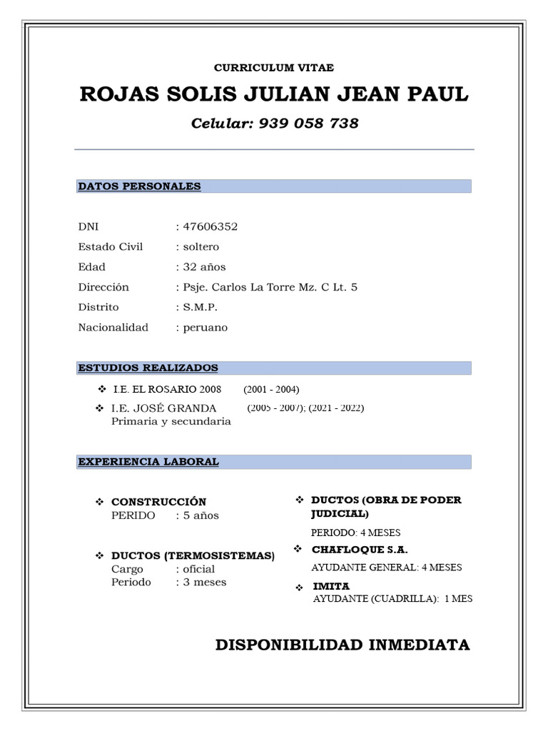 Curriculum Vitae Jean Rojas (Trabajo) | PDF