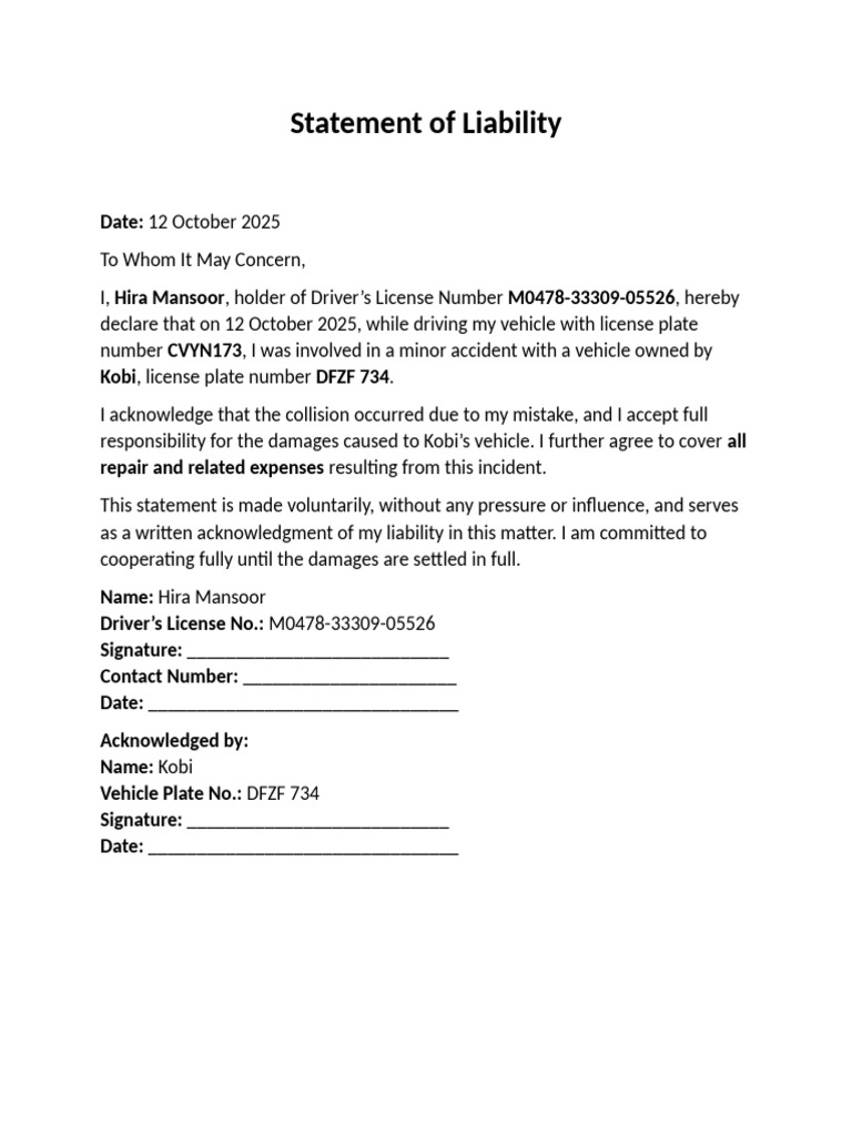 Hira Mansoor Liability Statement | PDF