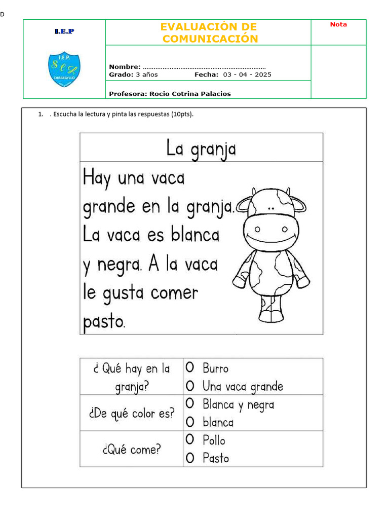 Evaluación de Comunicación para 3 años | PDF