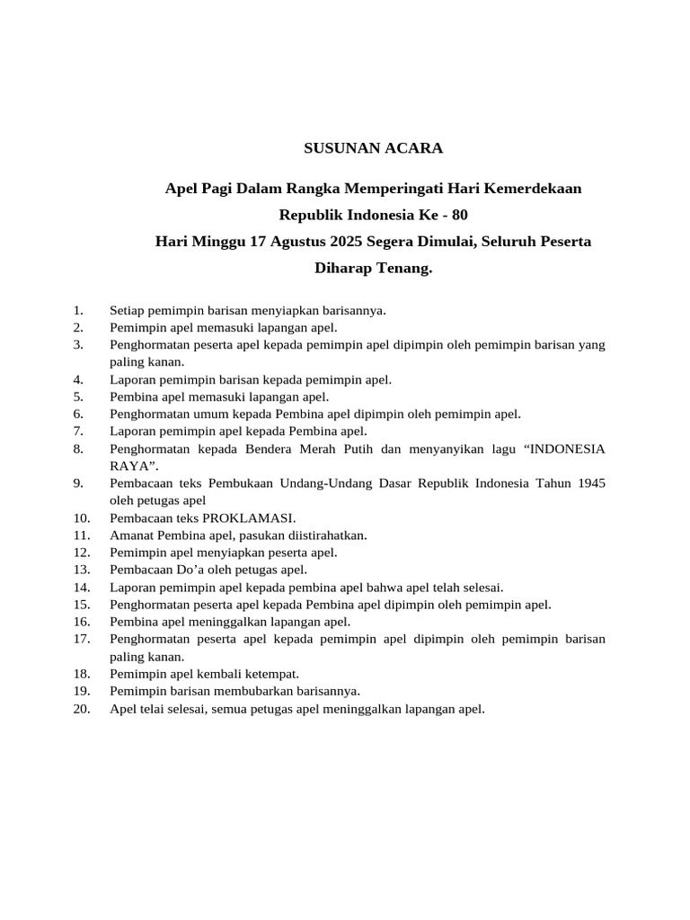 Teks Pembawa Acara Apel Kemerdekaan Ri Ke-80 | PDF