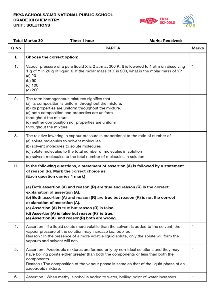 Grade XII Chemistry Solutions Exam Guide | PDF | Mixture | Scientific ...
