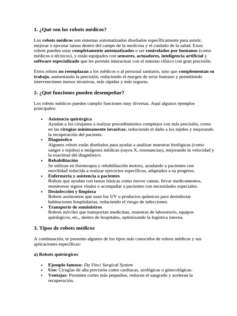 Innovaciones en robots médicos y sus funciones | PDF | Robot | Robótica