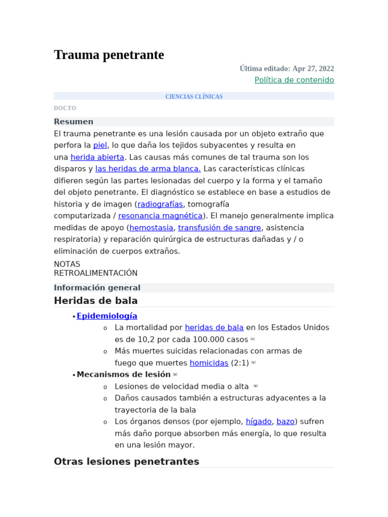 Trauma Penetrante: Diagnóstico y Manejo | PDF | Emergencias Médicas ...
