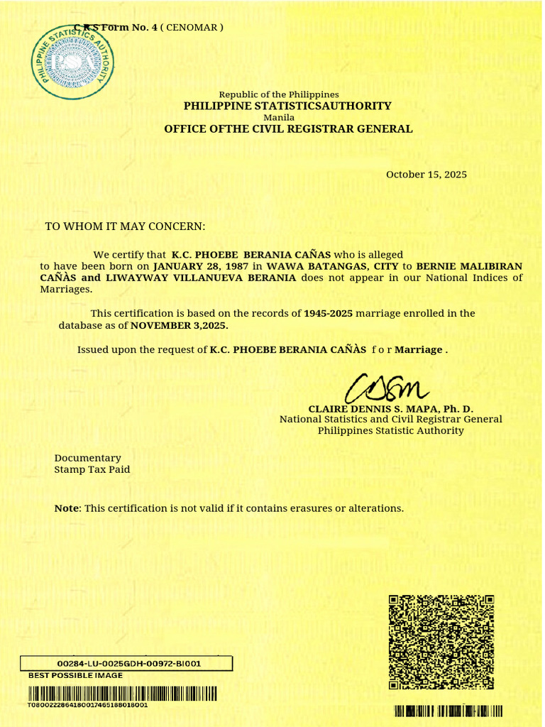 CENOMAR Certification for K.C. Cañas | PDF | Social Institutions