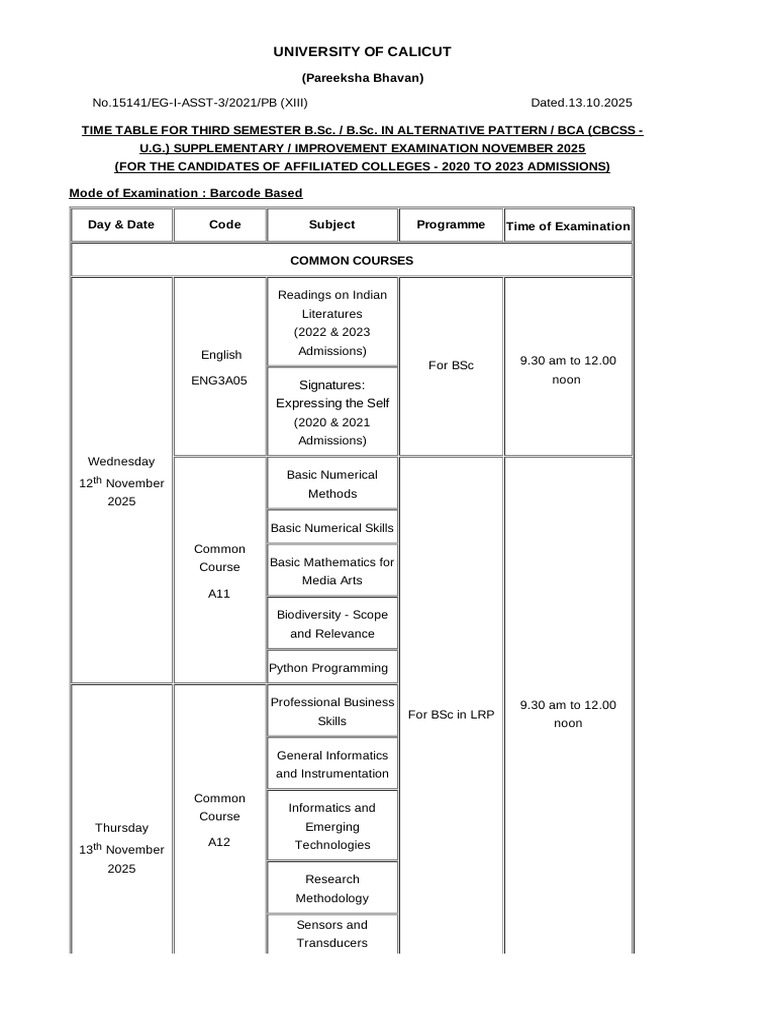 Calicut University B.Sc. Exam Timetable 2025 | PDF | Botany | Biotechnology