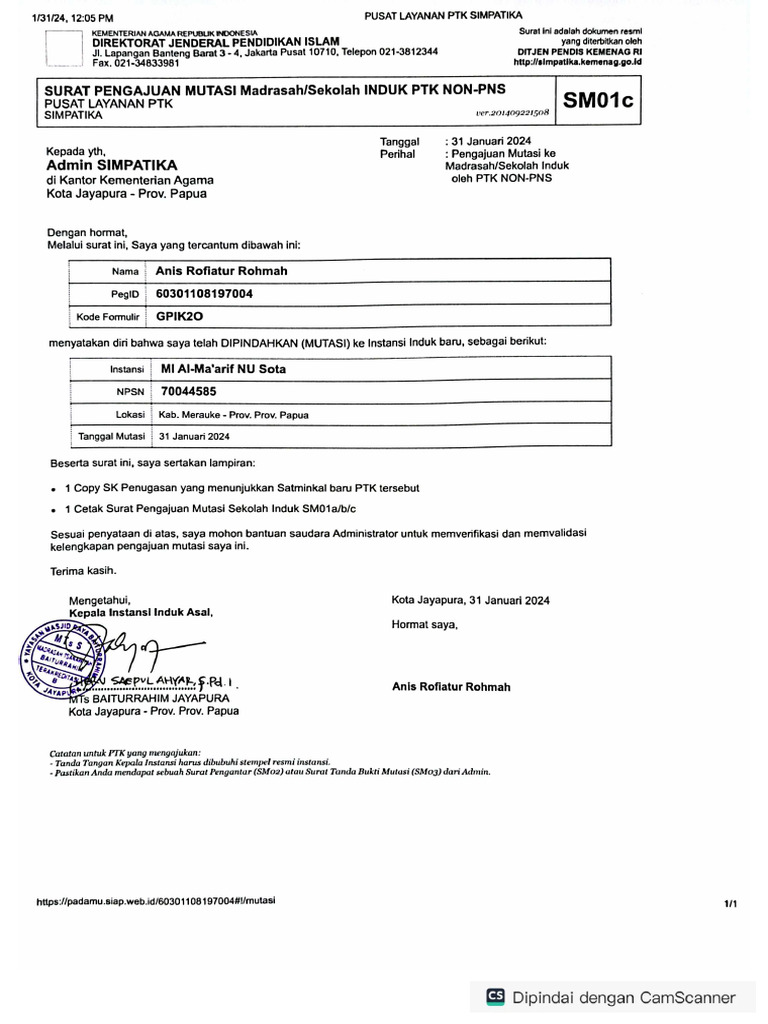 Surat Mutasi Anis Rofiatur | PDF