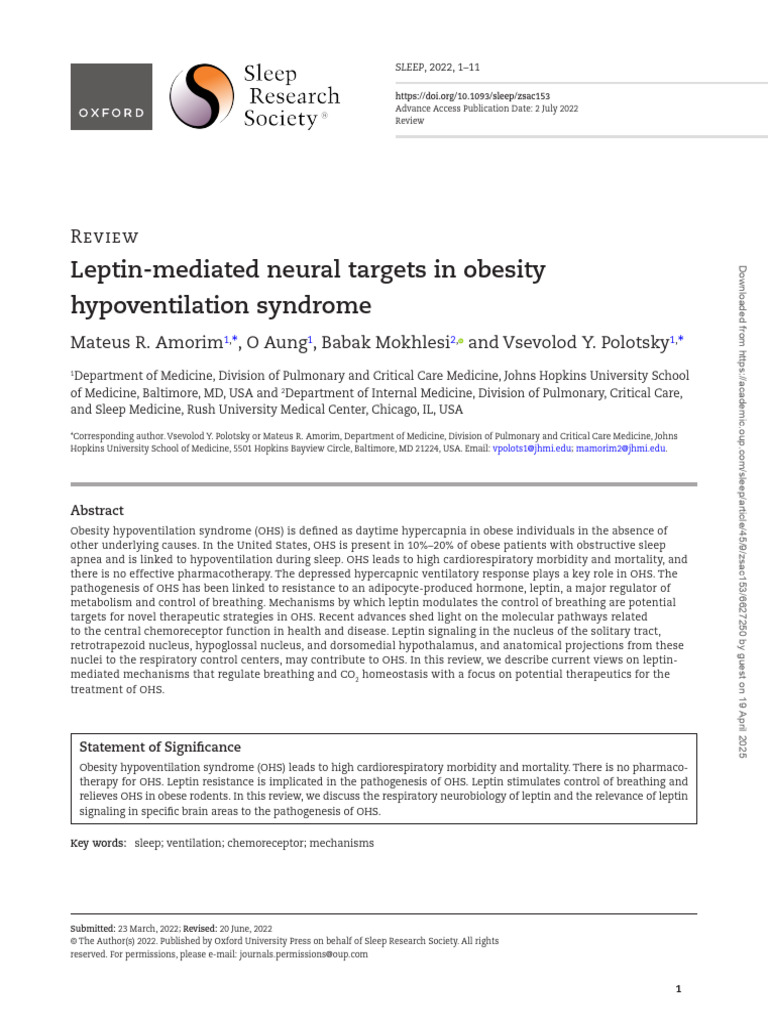 Leptin's Role in Obesity Hypoventilation | PDF | Leptin | Obesity