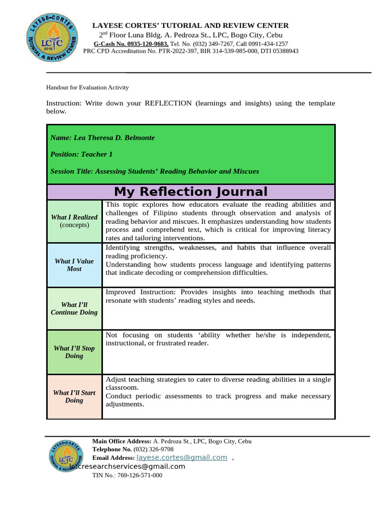 LCTC Reflection Journal Day 2 Morning | PDF