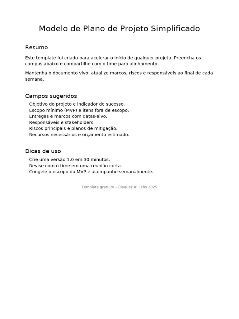 Modelo de Plano de Projeto Simplificado | PDF