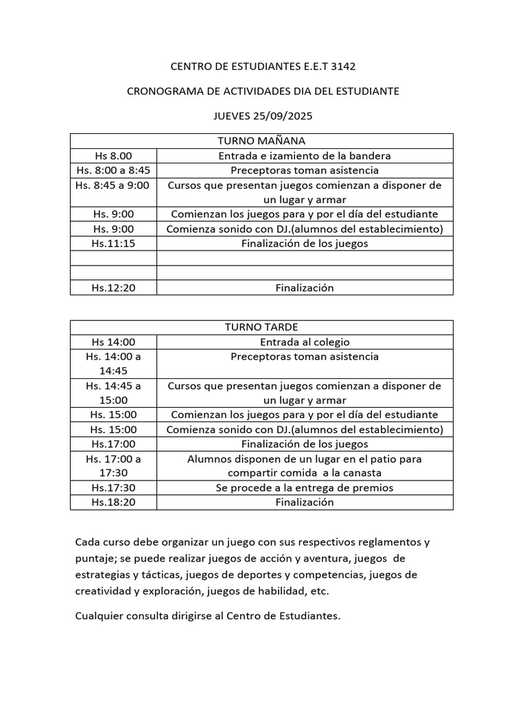 Cronograma Día del Estudiante E.E.T 3142 | PDF