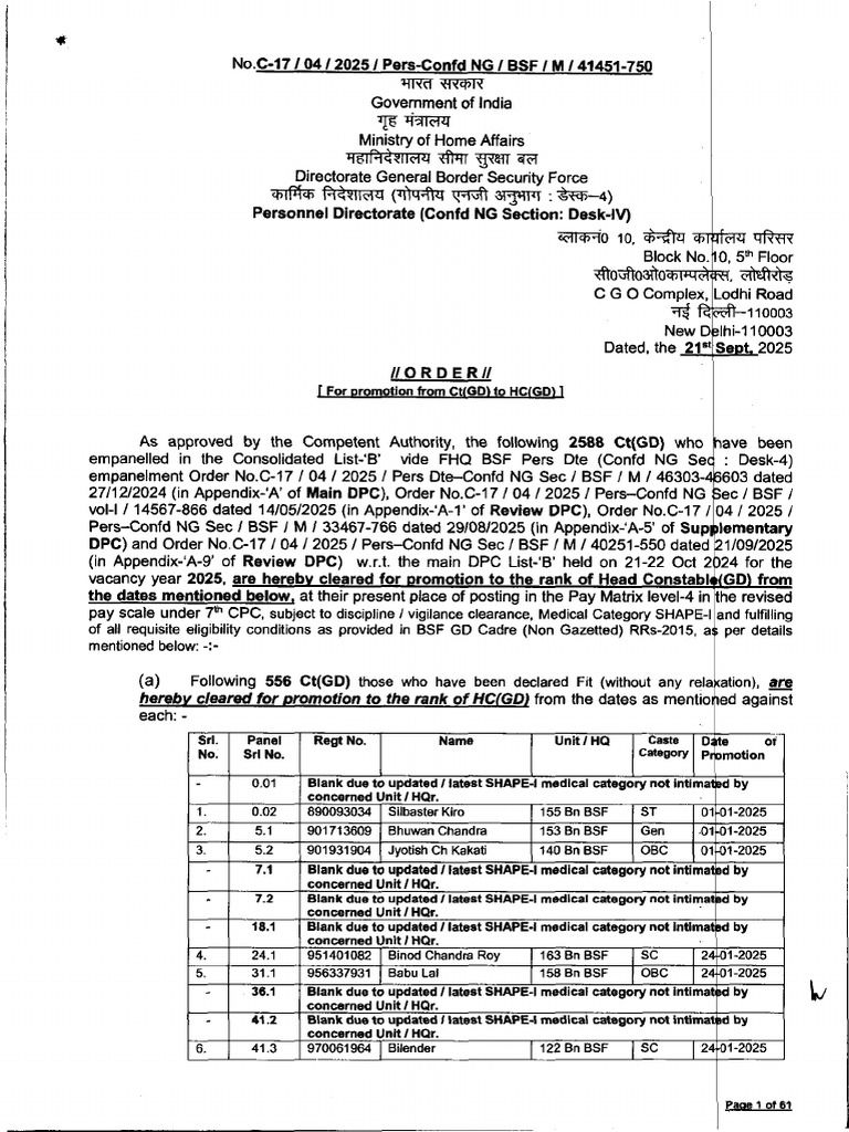 Promotion Orders for BSF Personnel | PDF