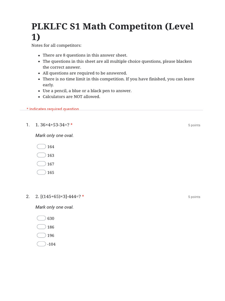 PLKLFC S1 Math Competiton (Level 1) - Google Forms | PDF