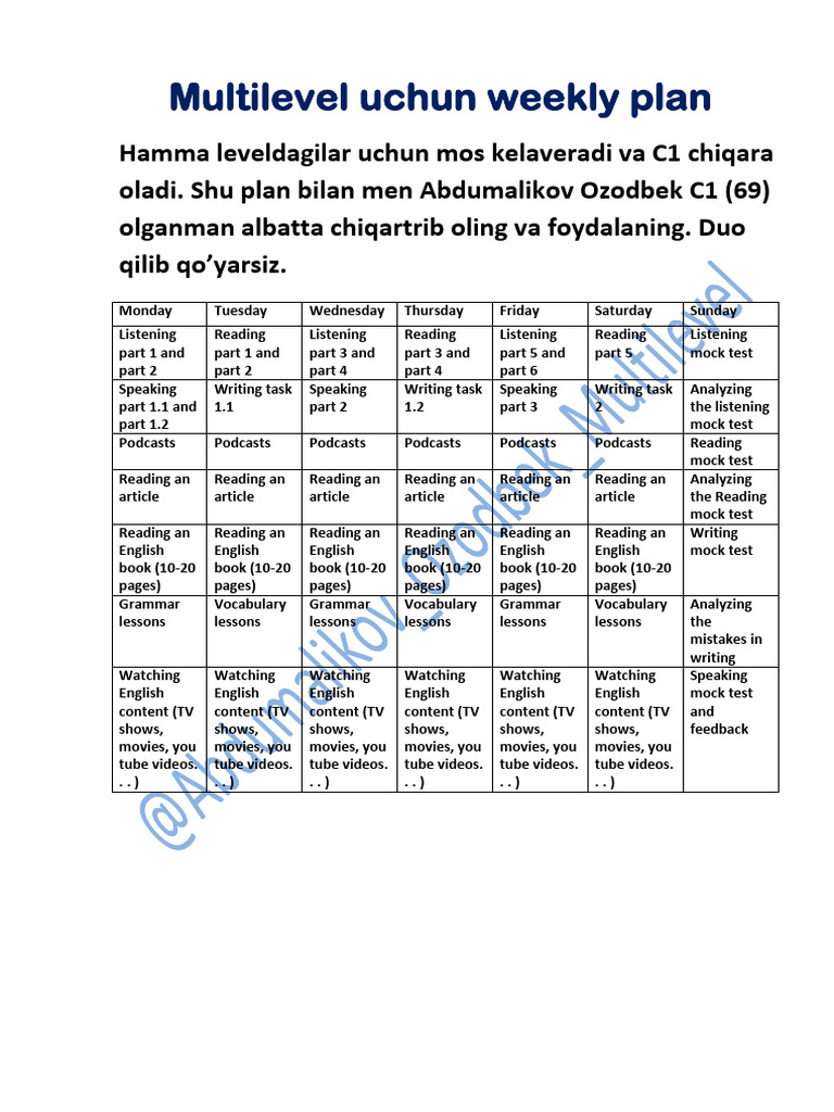 Weekly Multilevel English Study Plan | PDF