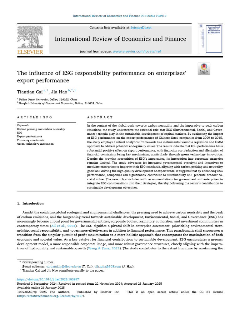 The Influence of ESG Responsibility Performance On Enterprises' Export ...