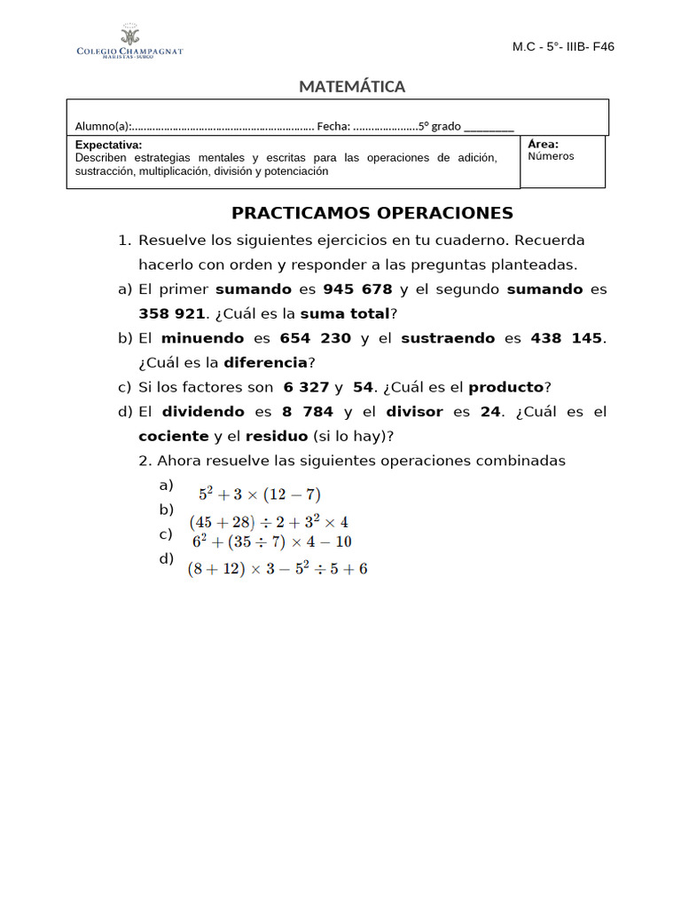 Ejercicios de Operaciones Matemáticas | PDF