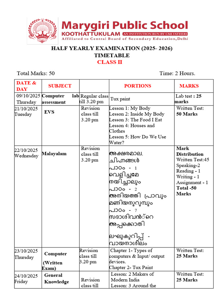 Class II Half-Yearly Exam Timetable | PDF