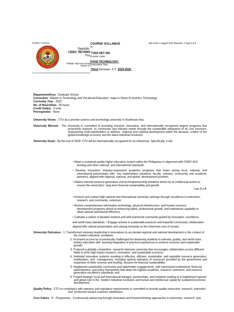 Food Technology Course Syllabus 2025 | PDF | Sustainability | Innovation