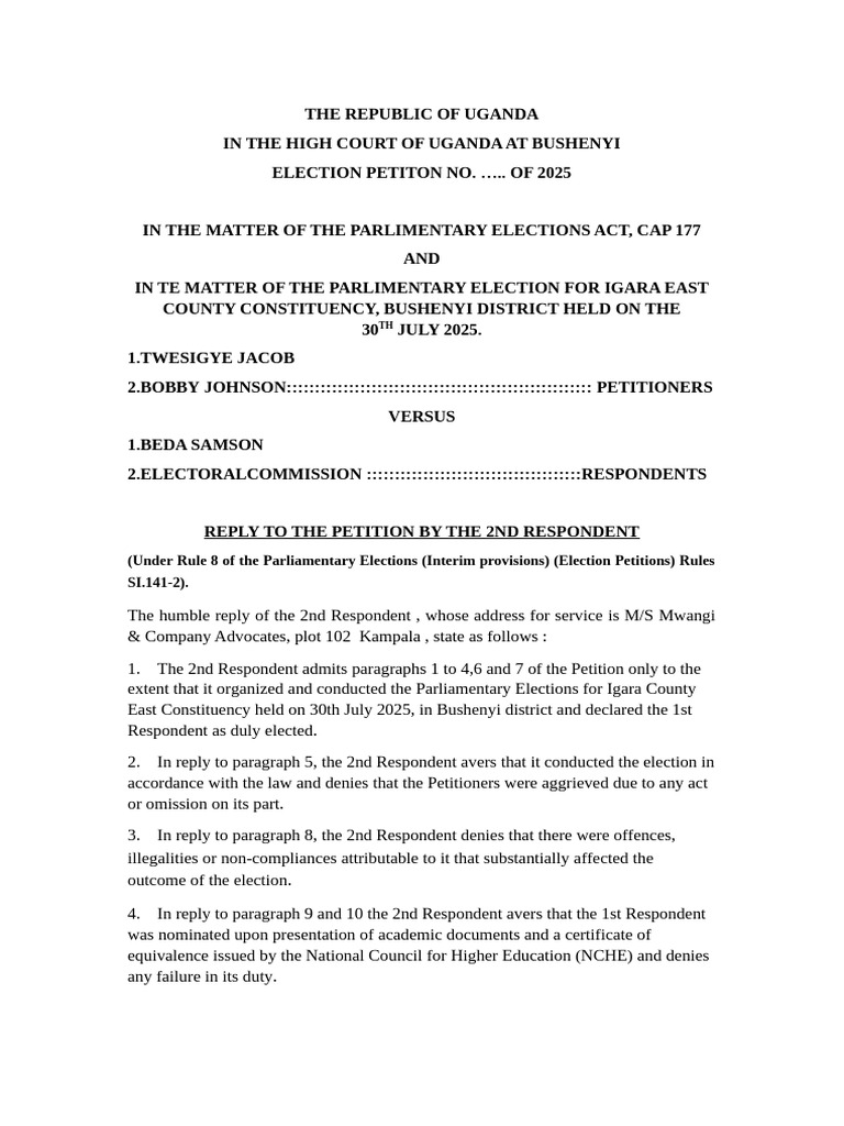 Electoral Commission Response to Petition | PDF | Affidavit | Elections