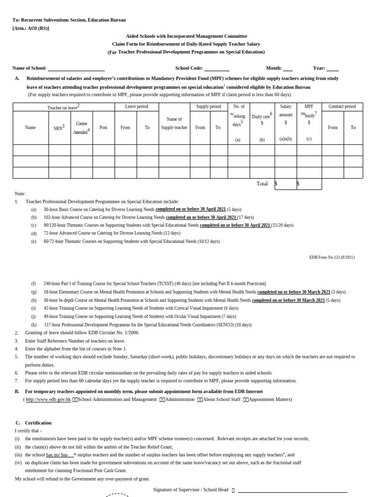 Supply Teacher Salary Reimbursement Form | PDF