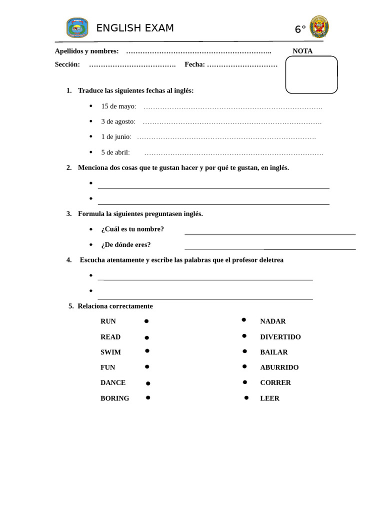 Examen de Inglés para 6° Grado | PDF