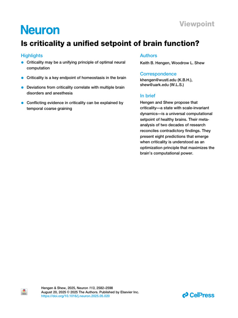 Criticality as Brain Function Setpoint | PDF | Brain ...
