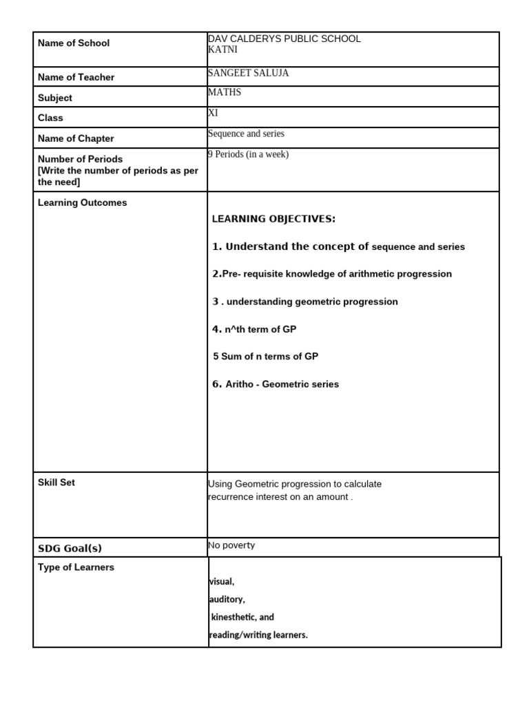Sequence and Series for Class XI Maths | PDF | Learning | Inquiry Based ...