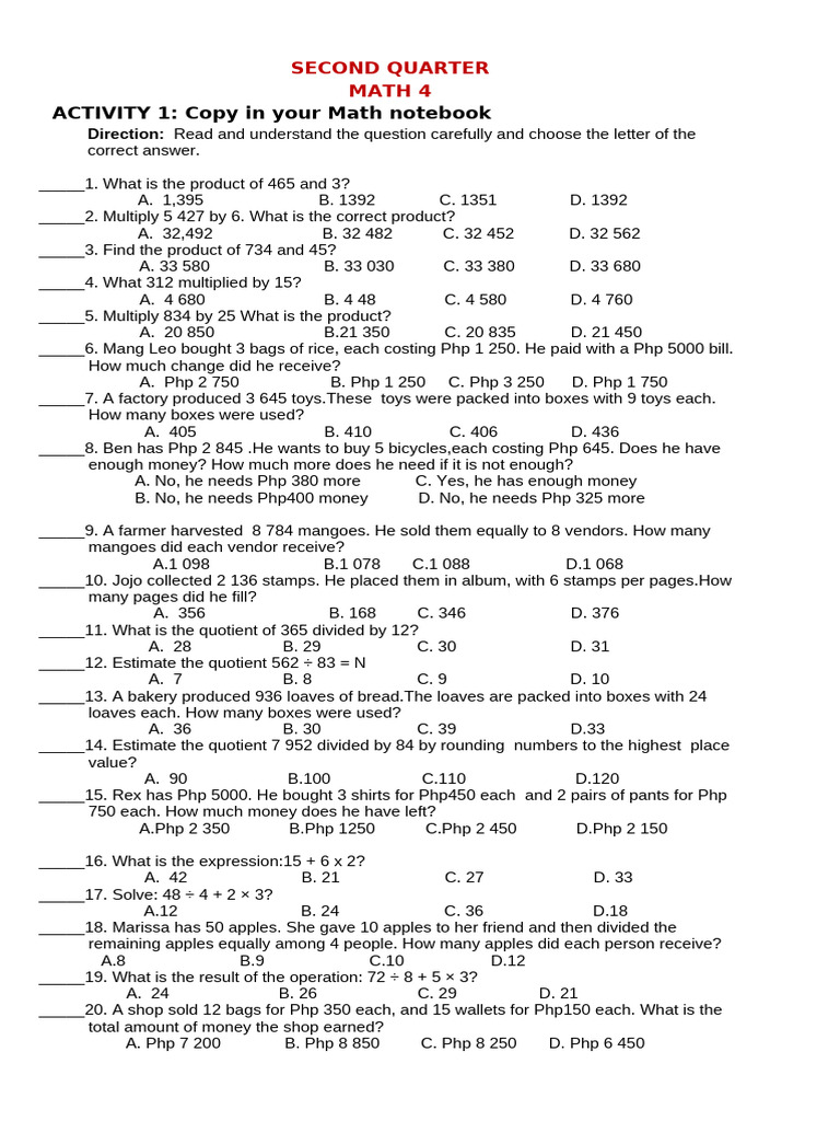 2ndQ MATH 4 Activity 1 | PDF | Litre | Kilogram