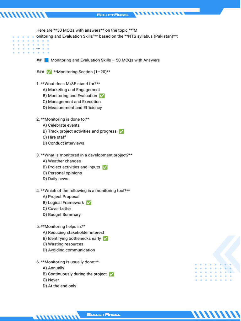 50 MCQs on Monitoring & Evaluation Skills | PDF | Evaluation ...