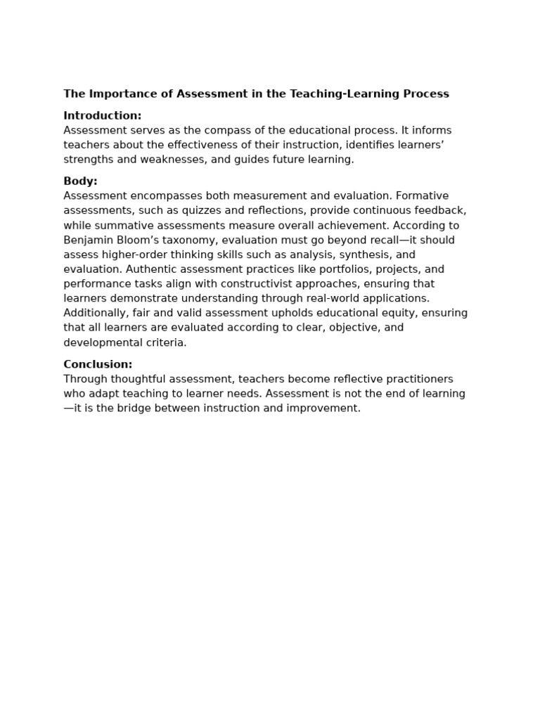The Importance of Assessment in The Teaching | PDF