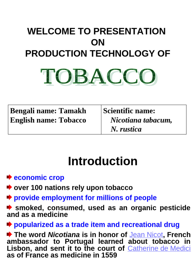 introduction on tobacco Tobacco Production Technology Guide | PDF | Tobacco