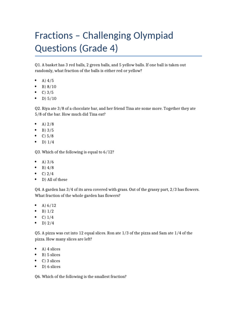 Grade 4 Fractions Practice Worksheet | PDF
