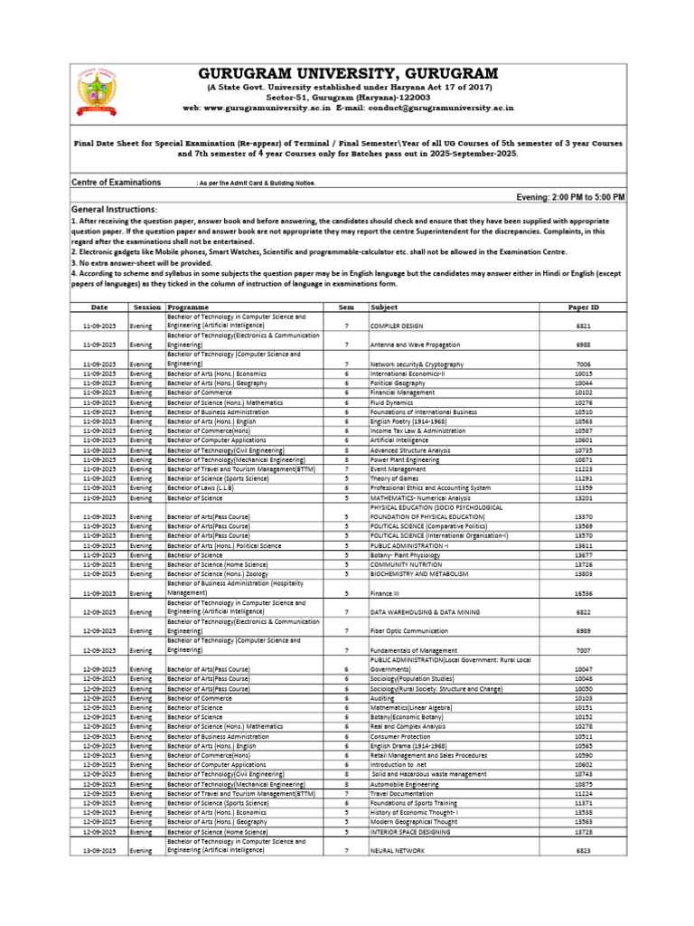 Gurugram University Exam Date Sheet 2025 | PDF | Engineering | Science